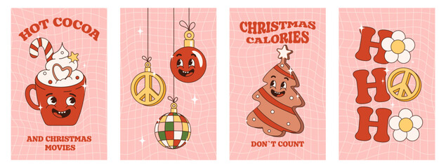 Trendy christmas groovy poster set with retro cartoon characters and elements. Hot cocoa and christmas movies, ho-ho-ho, christmas calories dont count. Vibes 70s. 
Stories template, postcard, poster.