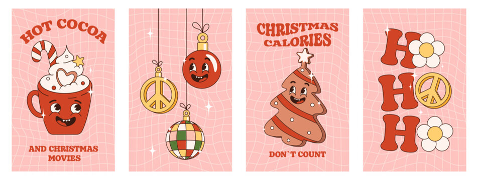 Trendy christmas groovy poster set with retro cartoon characters and elements. Hot cocoa and christmas movies, ho-ho-ho, christmas calories dont count. Vibes 70s. 
Stories template, postcard, poster.