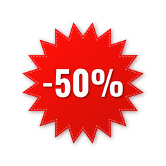 Sale, price tag or label 50 % isolated on transparent background. Shopping sticker and badge for merchandise and promotion. Red sticker for web banners with realistic shadow.