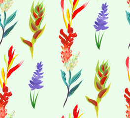 Seamless pattern with bright red tropical flowers and plants for summer textiles and surface design