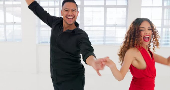 Ballroom, dance and salsa with couple in studio for learning, workout and performance. Music, date and creative with man and woman dancing in tango steps class for training, passion and partnership