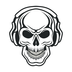 Hand drawn human skull wearing in black and white headphone. Sketch style vector illustration isolated on white background. Outline vector skull in black. Tattoo