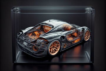 Obraz na płótnie Canvas Supercar knolling parts transparent data visualization infographics display style. generative AI artwork that doesn't exist in real life. 