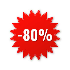 Sale, price tag or label 80 % isolated on transparent background. Shopping sticker and badge for merchandise and promotion. Red sticker for web banners with realistic shadow.