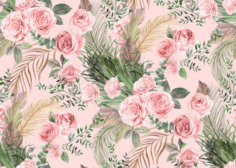 Seamless watercolor pattern with flowers of delicate roses and dry branches and leaves of palm trees for textile 