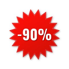 Sale, price tag or label 90 % isolated on transparent background. Shopping sticker and badge for merchandise and promotion. Red sticker for web banners with realistic shadow.