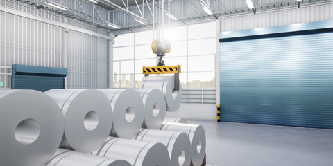 3d rendering of roll steel, stainless or galvanized steel coil inside factory or warehouse. Include overhead crane, hoist hook. To lift industrial product in manufacturing or production process. - obrazy, fototapety, plakaty