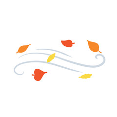 Autumn Wind. Stream of air with red and yellow leaves. Blue wavy line. Breeze and weather icon. Leaf fall. Flat illustration