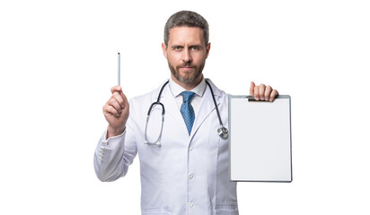 physician showing clinical record. doctor isolated on white with clinical record.