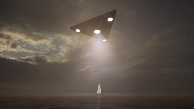 3d-rendering. UFO hung and illuminated a sailing yacht on the lake in the fog at sunset.