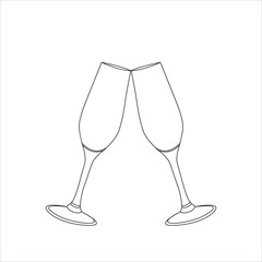Two glasses of champagne on the background of 2023. Christmas and New Year design. Hand drawn retro style illustration.