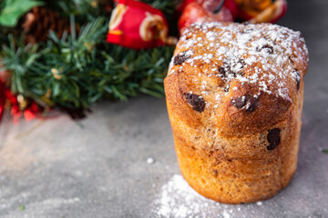 panettone Christmas sweet dessert traditional baking easter cake fresh healthy meal food snack on the table copy space food background rustic top view