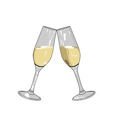 Two glasses of champagne on the background of 2023. Christmas and New Year design. Hand drawn retro style illustration.
