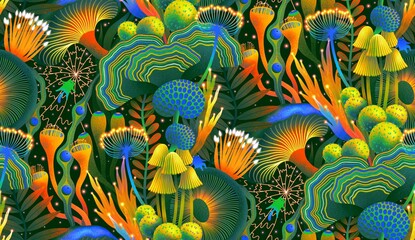 Seamless pattern with psychedelic mushrooms and cats. Magical forest.