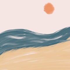 Artistic simple modern illustration with oil paints - landscape (sun and sea) on background
