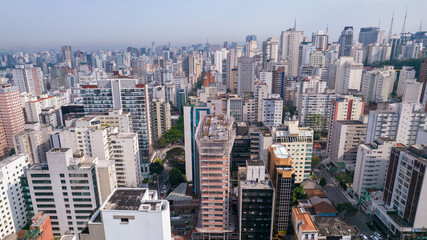 Many buildings in the Jardins neighborhood in Sao Paulo, Brazil. Residential and commercial buildings. Aerial view