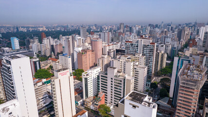 Many buildings in the Jardins neighborhood in Sao Paulo, Brazil. Residential and commercial buildings. Aerial view
