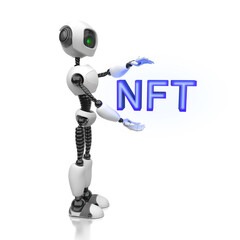 A humanoid robot holds the word NFT in its hand on a white background. Non fungible token . Creative conceptual illustration. 3D rendering.