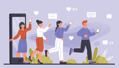 Followers on internet concept. Young men and women with smartphone come out of big phone. Gadgets and devices. Modern Marketing Methods and advertising online. Cartoon flat vector illustration