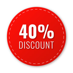 Sale, price tag or label 40 % isolated on transparent background. Shopping sticker and badge for merchandise and promotion. Red sticker for web banners with realistic shadow.