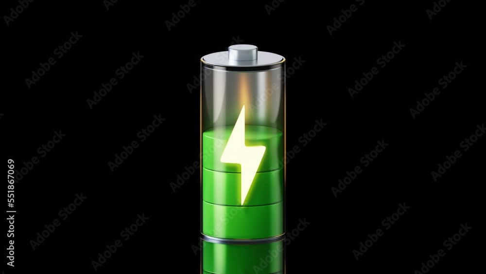 Poster loop animation of 3d fast charge battery on black background, 3d rendering.