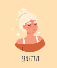 Sensitive skin type. Young girl with white hair and delicate skin on her face. Sticker for social networks and instant messengers. Anatomy and Biology, infographic. Cartoon flat vector illustration