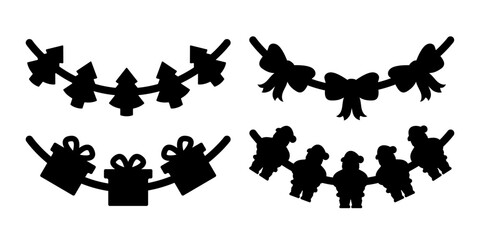 Christmas garlands. Vector set of black icons. Clipart isolated on white background.