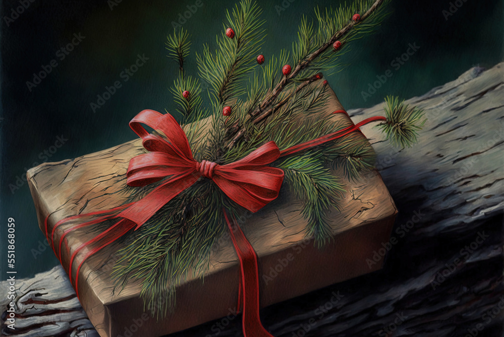 Poster fragmented fir tree next to wrapped present generative ai