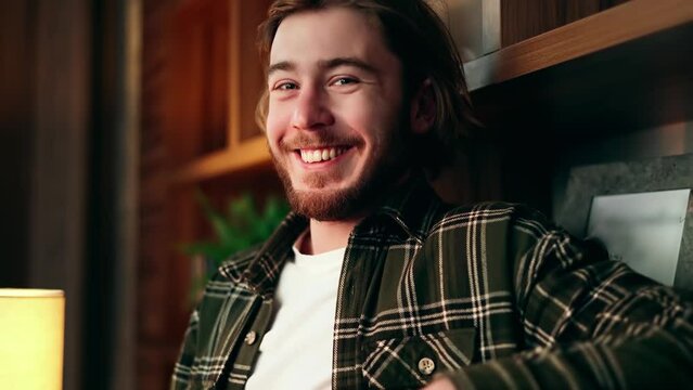 Portrait of smiling bearded guy looking at the camera in the low light cozy living room. Handsome young man enjoying leisure time at home library alone.
