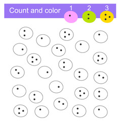 Fototapeta na wymiar Math exercises for the study of numbers. Count and color. Preschool worksheet activity. Vector illustration