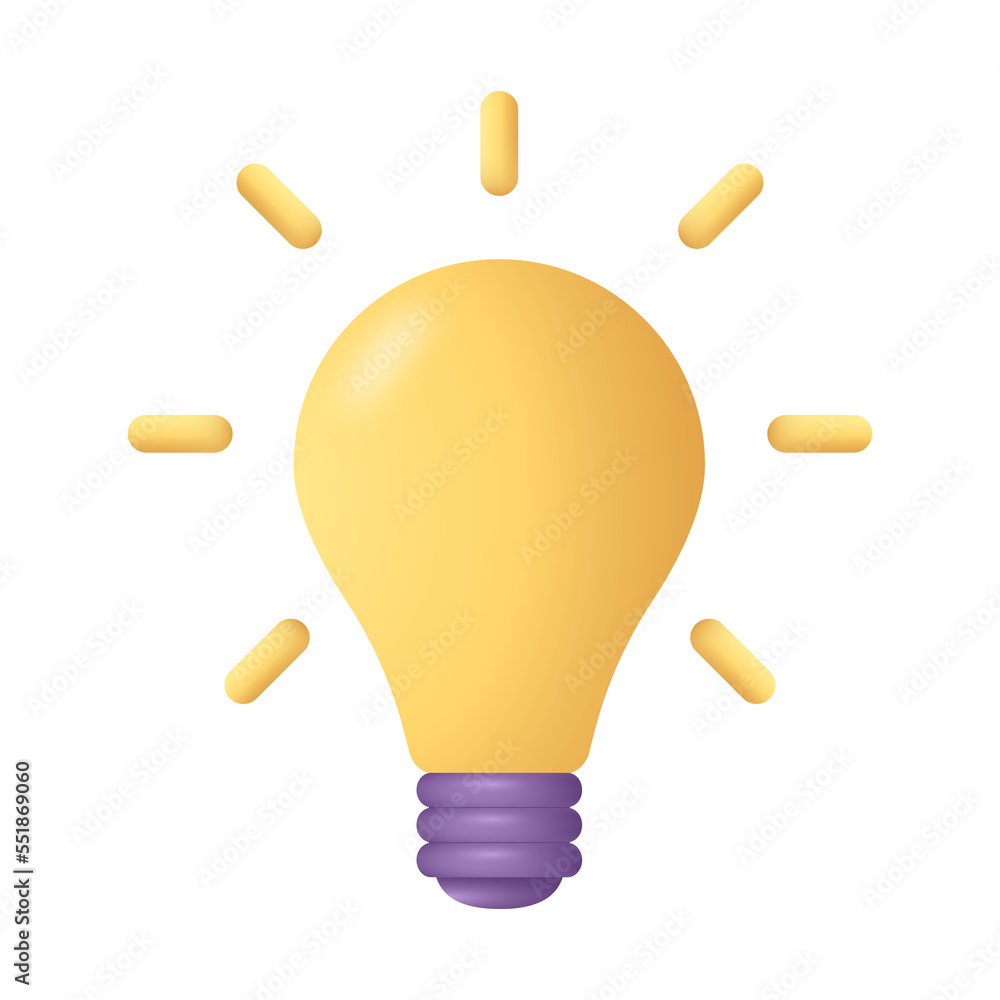 Poster 3d light bulb icon in cartoon style. 3d electric lightbulb with rays of light. concept of idea emerg