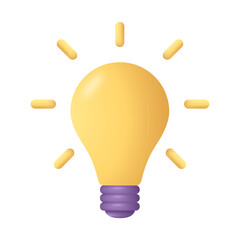 3d light bulb icon in cartoon style. 3D electric lightbulb with rays of light. Concept of idea emergence, solution, business.
