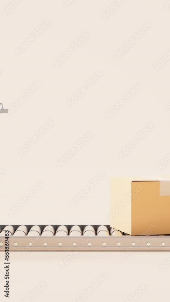 Poster loop animation of mechanical arm and cardboard box, 3d rendering.