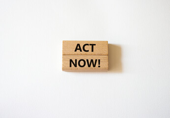 Act now symbol. Wooden blocks with words Act now. Beautiful white background. Business and Act now concept. Copy space.