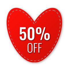 Sale, price tag or label 50 % heart shape for Valentine's Day isolated on transparent background. Shopping sticker and badge for promotion. Red sticker for web banners with realistic shadow.