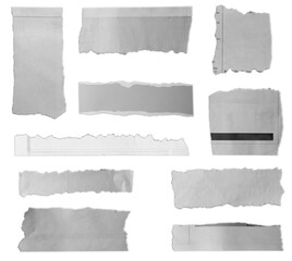 Ten pieces of torn paper on plain background 