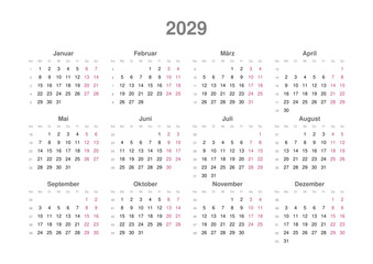 Kalender 2029 mit Wochenz&auml;hlung, deutsch, Querformat
