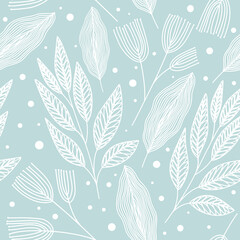 Seamless winter linear botanical pattern. Christmas outline illustration with different leaves and snow on blue background. Branches with veined leaves. © Morena