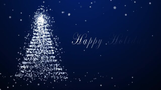 Happy Holidays tree Christmas card with snowfall on Blue Background