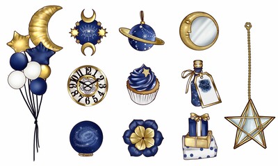 Set of cliparts illustration - Astrology and New Year's Eve set of objects 