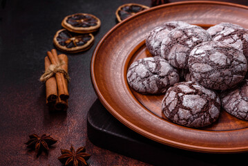 Beautiful tasty sweet cookie brownies on a brown plate