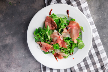 jamon salad aged meat fresh healthy meal food snack on the table copy space food background rustic top view