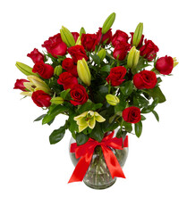 Glass vase with beautiful flowers on white background.