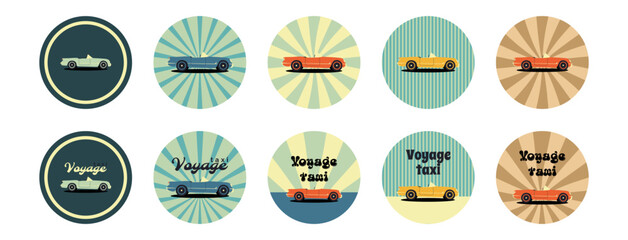 Retro flat icon with vintage retro caravan car. Collection of retro vintage stickers. Retro, vintage style. Flat vector illustrations isolated on white background. Leisure, travel, tourism.
