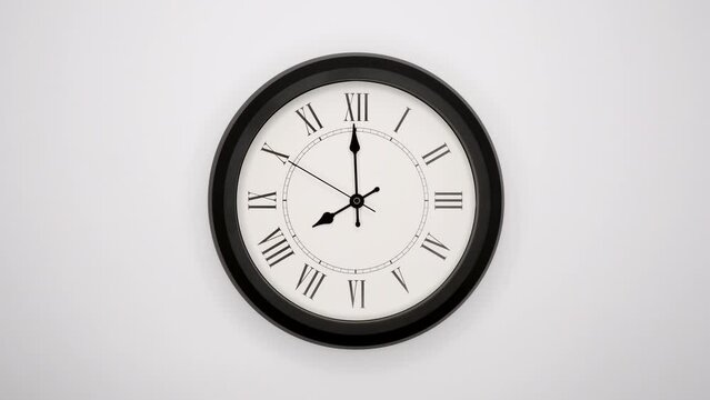 The Time On The Clock Eight. White Wall Clock With Black Rim And Black Hands. 4k, ProRes