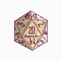 Dice d20 for playing Dnd. RPG board game. Cartoon outline drawn illustration