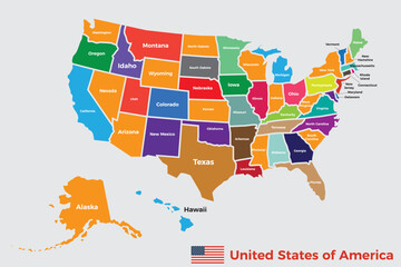 Vector illustration of a High Detail USA Map with different colors for each country. Each country has its capital city. Global colors used. Eps10 vector illustration.