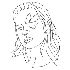 Woman face with butterfly. Line art female hands with butterflies. Abstract face with butterfly by one line vector drawing. Portrait minimalistic style. Botanical print. Nature symbol of cosmetics. 