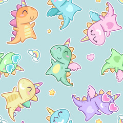 Dinocorn or dinosaur unicorn hand drawn doodle seamless pattern. Cute Dinosaurs unicorns for print design. Rainbow Unicorn or dinosaur background for kids wallpaper design © VRTX