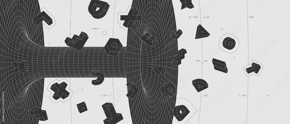 Aufkleber strange abstract modern wireframes 3d geometric shapes, graphic composition design vector background